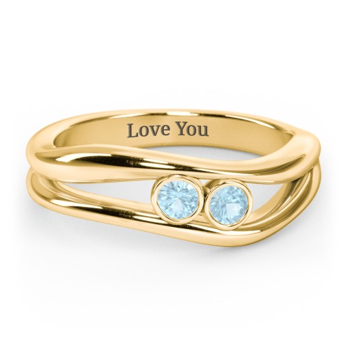 Curved 2 Bezel-Set Round Birthstone Ring – 18K Gold Plated Silver with Blue Topaz