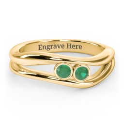 Curved 2 Bezel-Set Round Birthstone Ring in 18K Gold Plated Silver with Emerald and Blue Topaz