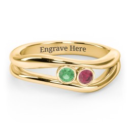 Curved 2 Bezel-Set Round Birthstone Ring in 18K Gold Plated Silver with Emerald, Ruby, and Blue Topaz