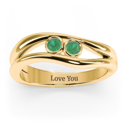 Curved 2 Bezel-Set Round Birthstone Ring – 18K Gold Plated Silver with Emerald