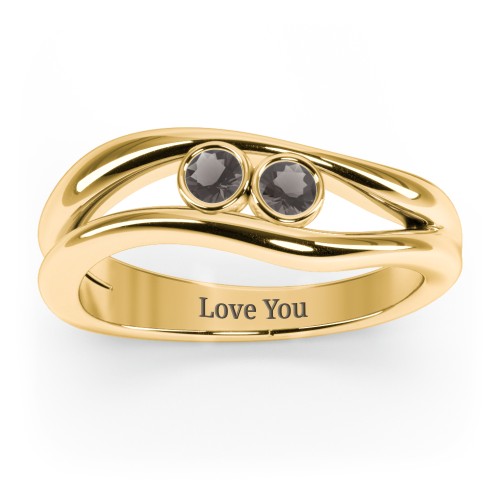 Curved 2 Bezel-Set Round Birthstone Ring – 18K Gold Plated Silver with Smokey Quartz
