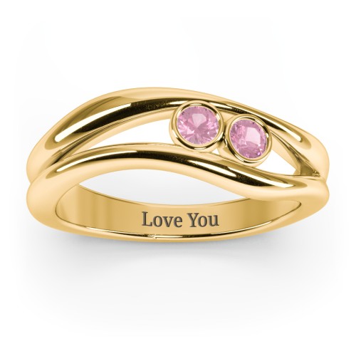 Curved 2 Bezel-Set Round Birthstone Ring – 18K Gold Plated Silver with Pink Tourmaline