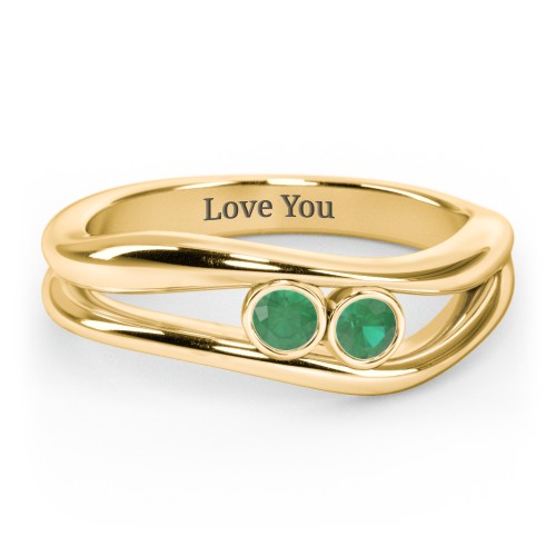Curved 2 Bezel-Set Round Birthstone Ring – 18K Gold Plated Silver with Emerald