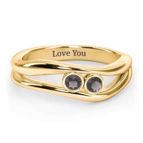 Curved 2 Bezel-Set Round Birthstone Ring – 18K Gold Plated Silver with Smokey Quartz