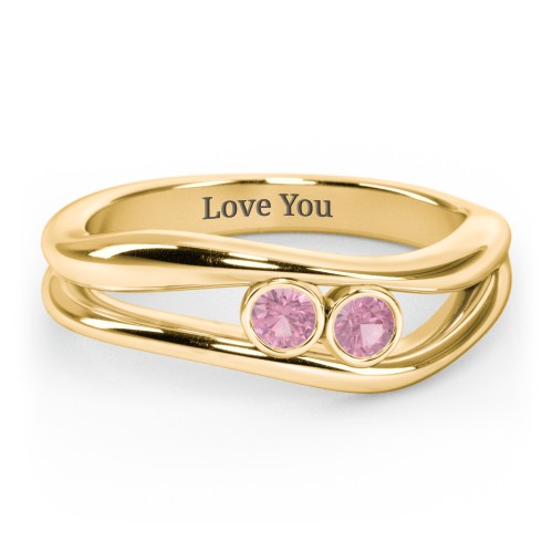Curved 2 Bezel-Set Round Birthstone Ring – 18K Gold Plated Silver with Pink Tourmaline