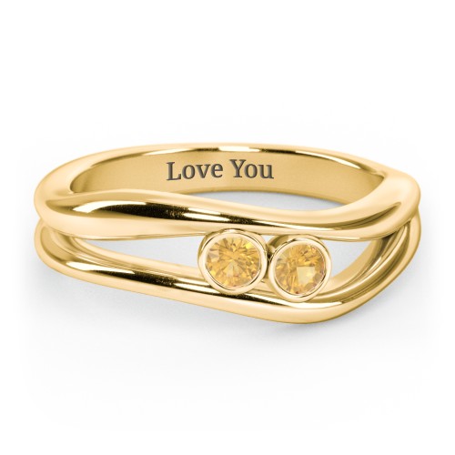 Curved 2 Bezel-Set Round Birthstone Ring – 18K Gold Plated Silver with Citrine