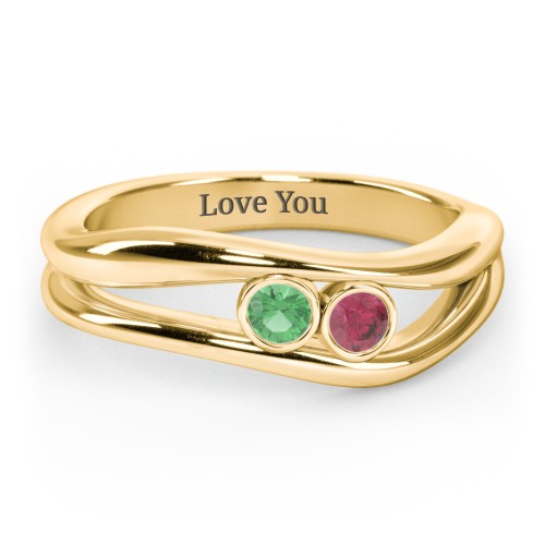 Curved 2 Bezel-Set Round Birthstone Ring – 18K Gold Plated Silver with Emerald and Ruby
