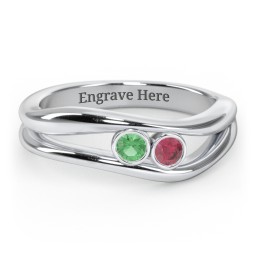 Curved 2 Bezel-Set Round Birthstone Ring in 925 Sterling Silver with Emerald, Ruby, and Blue Topaz