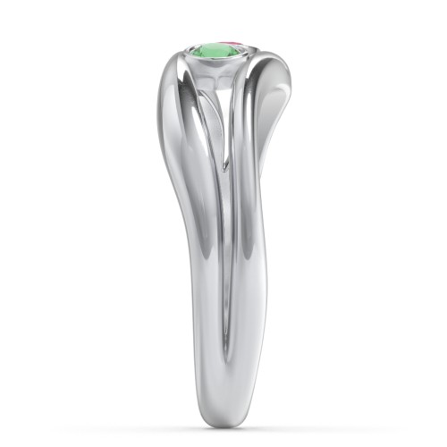 Curved 2 Bezel-Set Round Birthstone Ring – Sterling Silver with Emerald and Ruby