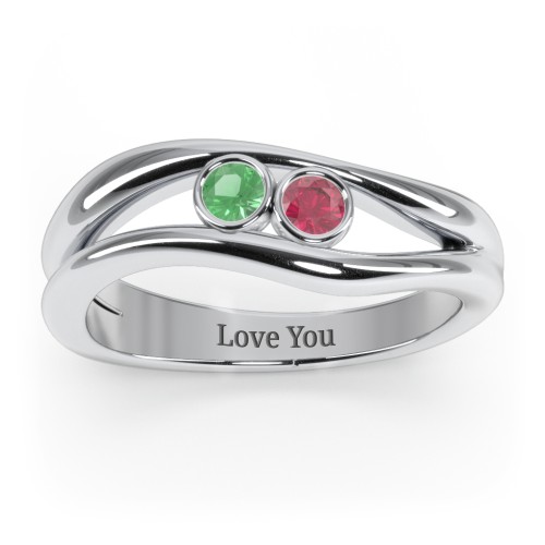 Curved 2 Bezel-Set Round Birthstone Ring – Sterling Silver with Emerald and Ruby