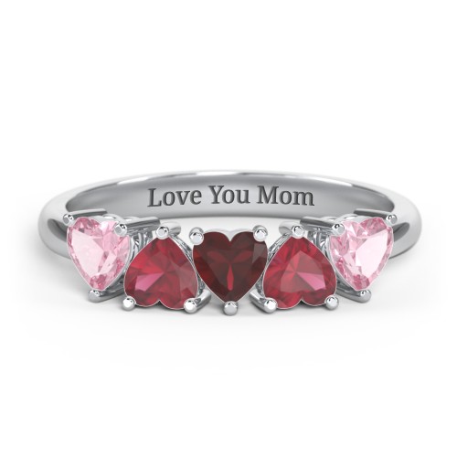5 Heart Birthstone Ring – Sterling Silver with Pink Tourmaline, Ruby, and Garnet
