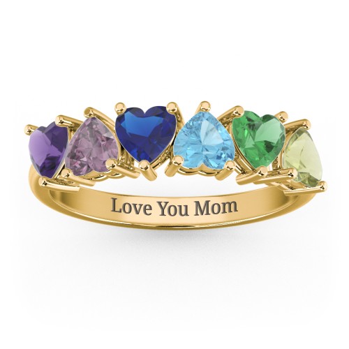 6 Heart Birthstone Ring – 10K Yellow Gold with Amethyst, Alexandrite, Blue Sapphire, Blue Topaz, Emerald, and Peridot