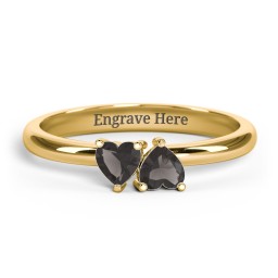 2 Heart Birthstone Ring in 18K Gold Plated Silver with Smokey Quartz, Blue Sapphire, Blue Topaz, Emerald, and Peridot