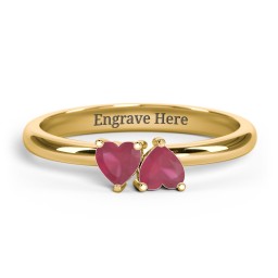 2 Heart Birthstone Ring in 18K Gold Plated Silver with Ruby, Blue Sapphire, Blue Topaz, Emerald, and Peridot