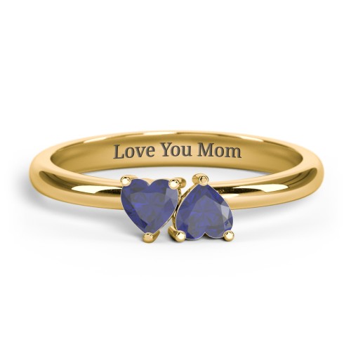 2 Heart Birthstone Ring – 18K Gold Plated Silver with Blue Sapphire