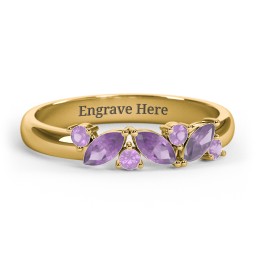 3 Marquise Birthstone Ring with Round Accents in 18K Gold Plated Silver with Amethyst