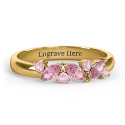 3 Marquise Birthstone Ring with Round Accents in 18K Gold Plated Silver with Pink Tourmaline