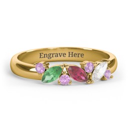 3 Marquise Birthstone Ring with Round Accents in 18K Gold Plated Silver with Emerald, Ruby, Cubic Zirconia, and Amethyst