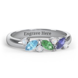 3 Marquise Birthstone Ring with Round Accents in 925 Sterling Silver with Blue Topaz, Emerald, Blue Sapphire, and Opal