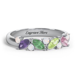 4 Marquise Birthstone Ring with Round Accents in 925 Sterling Silver with Amethyst, Emerald, Peridot, Pink Tourmaline, and Opal