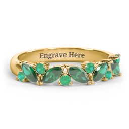 5 Marquise Birthstone Ring with Round Accents in 18K Gold Plated Silver with Emerald