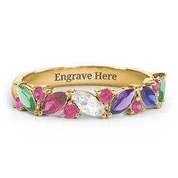6 Marquise Birthstone Ring with Round Accents in 18K Gold Plated Silver with Emerald, Ruby, Cubic Zirconia, Amethyst, and Blue Sapphire