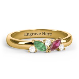 2 Marquise Birthstone Ring with Round Accents in 18K Gold Plated Silver with Emerald, Ruby, and Cubic Zirconia