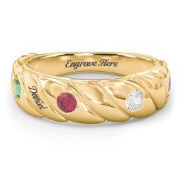 4 Birthstone Flat Twisted Croissant Ring in 10K Solid Yellow Gold with Emerald, Ruby, Cubic Zirconia, and Amethyst