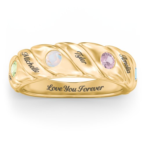 4 Birthstone Flat Twisted Croissant Ring – 10K Yellow Gold with Peridot, Opal, Pink Tourmaline, and Blue Topaz