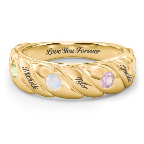 4 Birthstone Flat Twisted Croissant Ring – 10K Yellow Gold with Peridot, Opal, Pink Tourmaline, and Blue Topaz