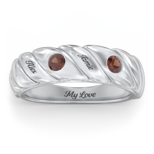 2 Birthstone Flat Twisted Croissant Ring – Sterling Silver with Garnet