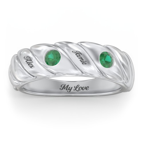 2 Birthstone Flat Twisted Croissant Ring – Sterling Silver with Emerald