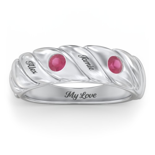 2 Birthstone Flat Twisted Croissant Ring – Sterling Silver with Ruby