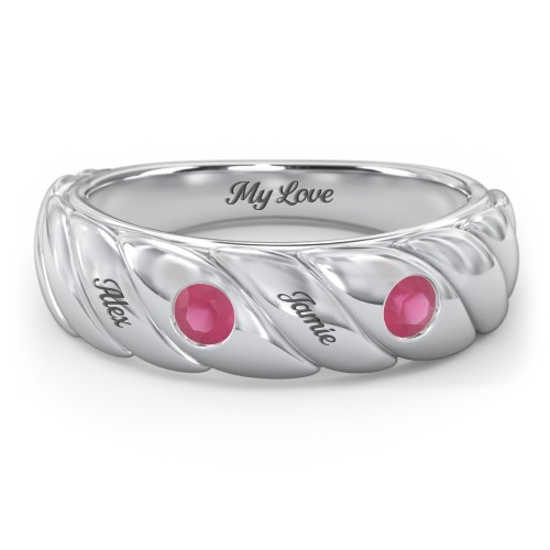 2 Birthstone Flat Twisted Croissant Ring – Sterling Silver with Ruby
