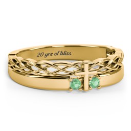 Women’s Cross Ring with Round Gemstones in 18K Gold Plated Silver with Emerald