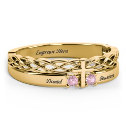 Women’s Cross Ring with Round Gemstones in 18K Gold Plated Silver with Pink Tourmaline