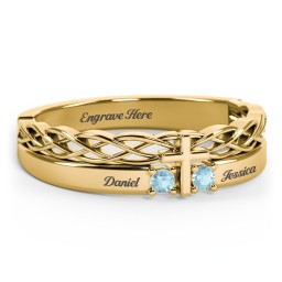 Women’s Cross Ring with Round Gemstones in 18K Gold Plated Silver with Blue Topaz
