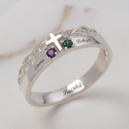 Women’s Cross Ring with Round Gemstones – 18K Gold Plated Silver with Emerald and Ruby