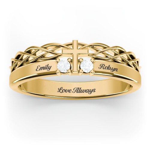 Women’s Cross Ring with Round Gemstones – 18K Gold Plated Silver with Aquamarine