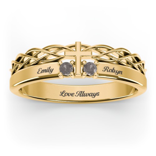 Women’s Cross Ring with Round Gemstones – 18K Gold Plated Silver with Smokey Quartz