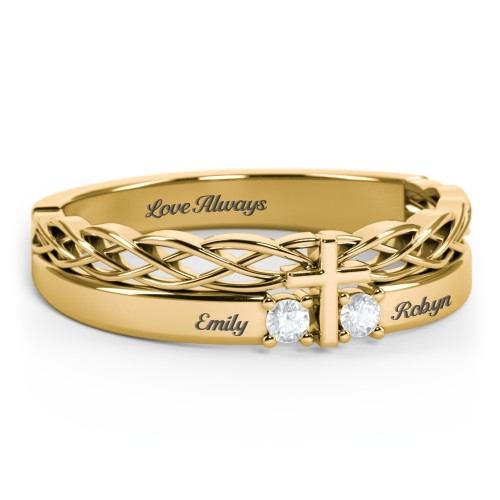 Women’s Cross Ring with Round Gemstones – 18K Gold Plated Silver with Aquamarine