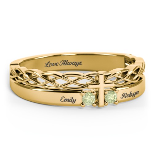 Women’s Cross Ring with Round Gemstones – 18K Gold Plated Silver with Peridot
