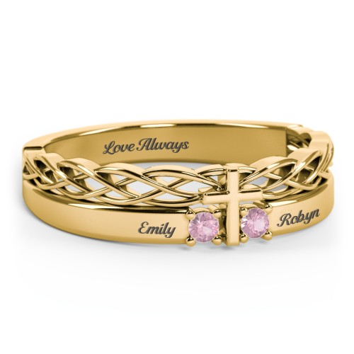 Women’s Cross Ring with Round Gemstones – 18K Gold Plated Silver with Pink Tourmaline