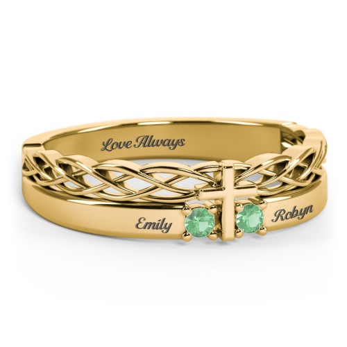 Women’s Cross Ring with Round Gemstones – 18K Gold Plated Silver with Emerald