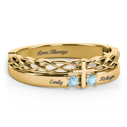 Women’s Cross Ring with Round Gemstones – 18K Gold Plated Silver with Blue Topaz