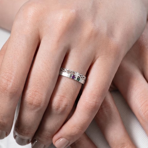 Women’s Cross Ring with Round Gemstones – Sterling Silver with Emerald and Ruby