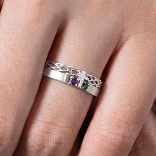 Women’s Cross Ring with Round Gemstones – Sterling Silver with Emerald and Ruby
