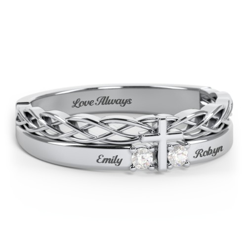 Women’s Cross Ring with Round Gemstones – Sterling Silver with Cubic Zirconia