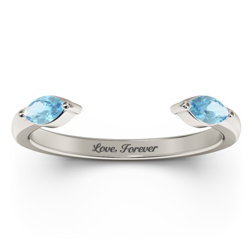 Marquise Birthstone Open Cuff Ring – 10K White Gold with Blue Topaz
