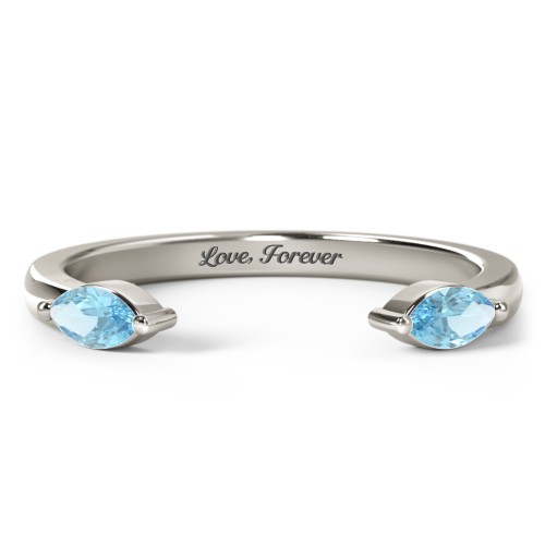 Marquise Birthstone Open Cuff Ring – 10K White Gold with Blue Topaz